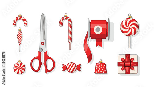 A vibrant collection of Christmas decoration and gift wrapping essentials including candy canes, ribbon, and a gift box.