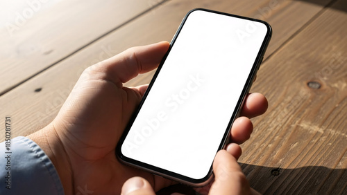 Close-Up Human Hand Smartphone Mockup with Blank Screen on Wooden Surface