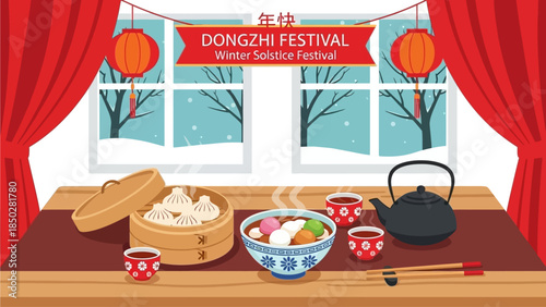 Illustration of a cartoon ninja with a sword behind a red circle and a pagoda gate