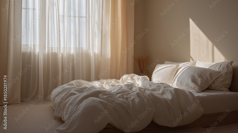 Fototapeta premium Minimalist bedroom interior emphasizing calm, cleanliness, and modern living aesthetics.