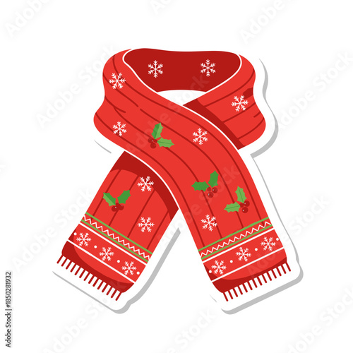 Red Christmas Scarf with Holly and Snowflake Pattern.