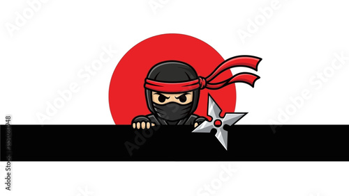 Illustration of a cartoon ninja with a sword behind a red circle and a pagoda gate