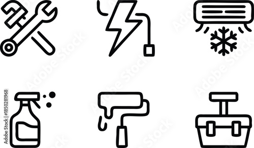 Maintenance and repair tools icon set, wrench, electricity, air conditioning, cleaning, painting