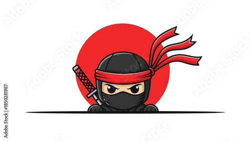 Illustration of a cartoon ninja with a sword behind a red circle and a pagoda gate