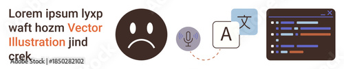 Language services, AI tools, communication challenges, text translation, programming, user interfaces. Sad emotion, microphone icon coding panel and text symbols. Language services and AI tools