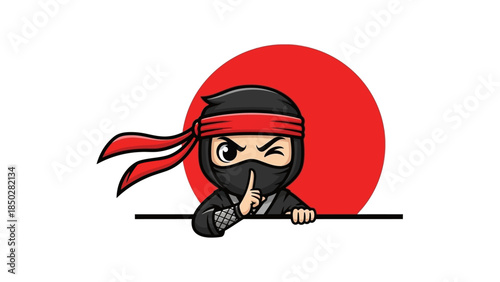 Illustration of a cartoon ninja with a sword behind a red circle and a pagoda gate