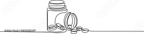 Continuous Line Drawing of Medicine Pills Icon. Hand Drawn Symbol Vector Illustration, Continuous one line drawing jar with pills. one line Icon drawing