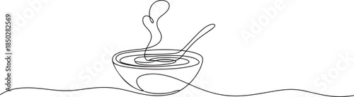 Continuous one line drawing of a bowl filled with hot soup, presented ready to be eaten. one line Icon drawing