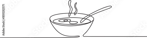 Continuous one line drawing of a bowl filled with hot soup, presented ready to be eaten. one line Icon drawing
