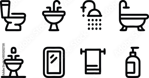 Bathroom fixtures and accessories icon set, including toilet, sink, shower, bathtub, mirror, soap