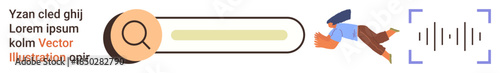 Online search, digital assistance, artificial intelligence, voice recognition, data exploration, user interface. Search bar with magnifying glass and audio input icon. Online search and digital
