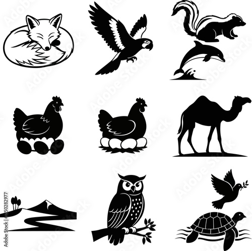 Diverse Black and White Animal and Nature Silhouettes Keywords: fox, parrot, skunk, dolphin, chicken, camel, mountain, owl, dove