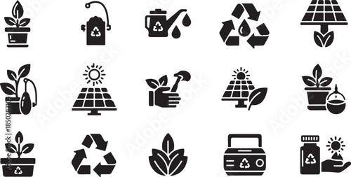 Ecology and sustainability icon set in black