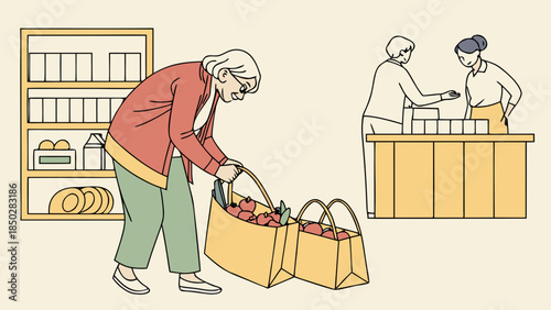 An elderly person in a local supermarket organizing purchases in reusable shopping bags; soft lines, balanced colors, and a welcoming atmosphere.