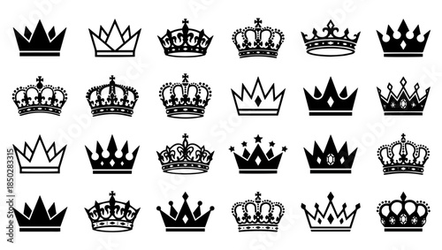 Stylized Crown Icon Set, Black and whtite Royal Designs, crown icon, royal crown, king crown, queen crown, black and white crown, crown silhouette, crown outline, royal symbol, monarchy icon,