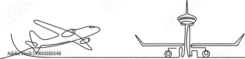 Small plane taking off in continuous line art drawing style, One continuous line drawing of airport icon. one line Icon drawing