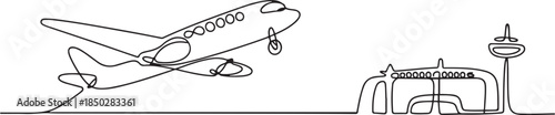 Small plane taking off in continuous line art drawing style, One continuous line drawing of airport icon. one line Icon drawing