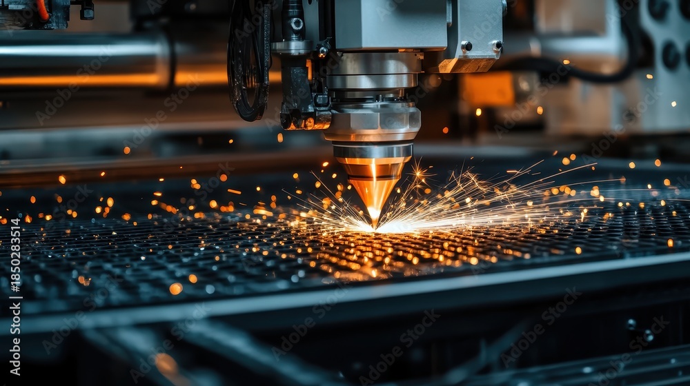 Fototapeta premium Industrial laser cutting machine working on metal with sparks. AI-generated.