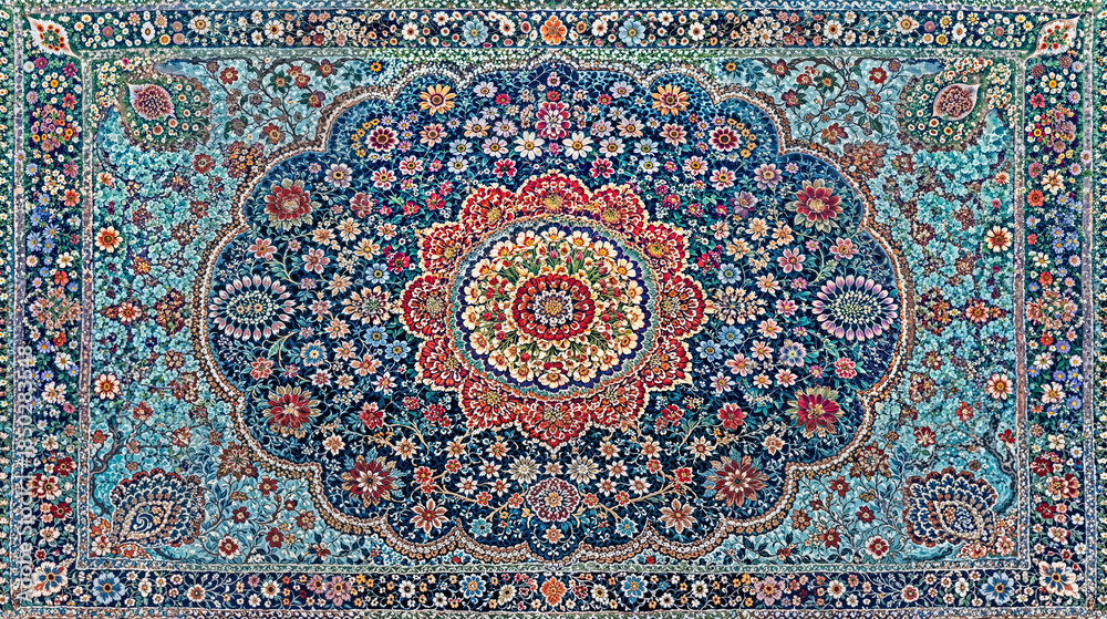 Fototapeta premium Intricate persian style floral carpet pattern with symmetrical mandala design vibrant colors ornamental textile background