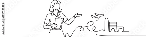 The woman drawn in line is a tour operator who works with hotels and airlines to develop tourist routes and create tours, including transportation. one line Icon drawing