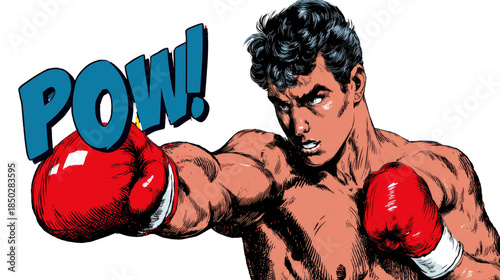Muscular athlete and strong handsome man with boxing gloves posing as a powerful fighter illustration in this vector sports fitness competition