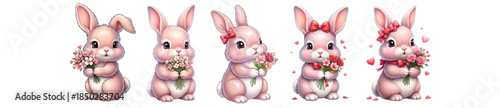 A charming gathering of adorable pink rabbits, each clutching a bouquet of vibrant flowers, valentines day. vector illustration