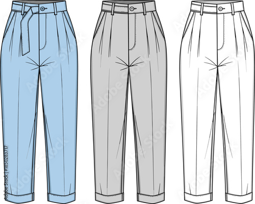 Women tailored trousers technical illustration showing multiple color variations, high waist pants flat vector design for fashion CAD apparel production