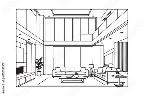 Minimalist interior design of a spacious living room with large windows