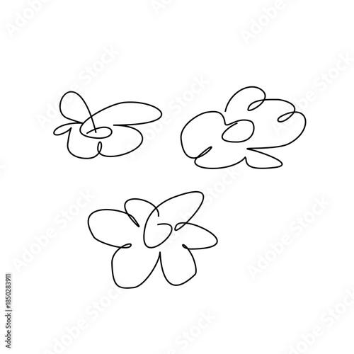 Daisy flowers drawn carelessly by a child's hand - a black and white drawing with a thin line on a white background. Art drawing of plants, three blooming flowers.