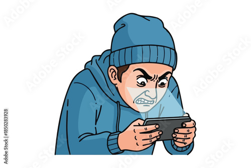 Suspicious cartoon man with a blue beanie looking at a phone in the dark