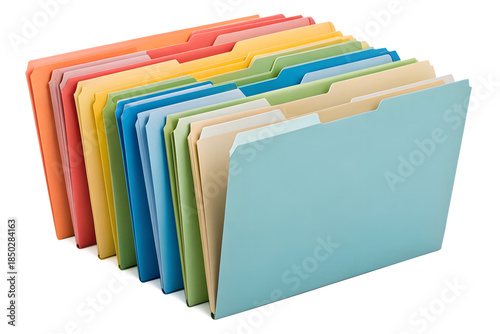 Colorful office folders, neatly arranged with visible tabs, isolated on white, representing efficient document management and business organization for tasks
