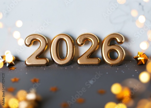 Close-up shot of shiny golden numbers spelling out the year 2026, set against a subtle gray background adorned with sparkling confetti and blurred festive lights, New Year celebration. Generative AI.