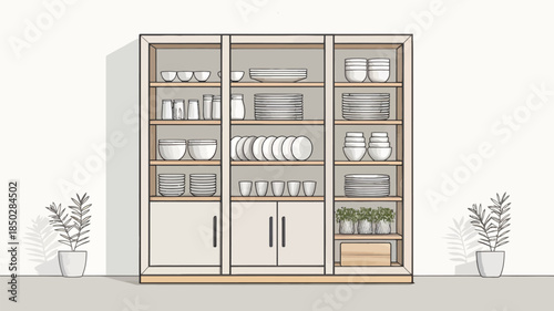 Modern kitchen cabinet with organized dishware and potted plants