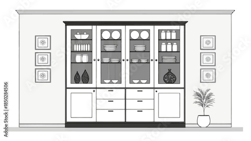 Modern kitchen cabinet with dishes and decor