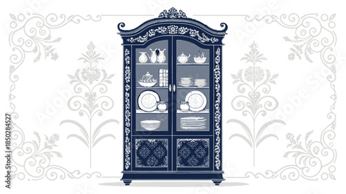 Elegant antique china cabinet with fine dinnerware and decorative design