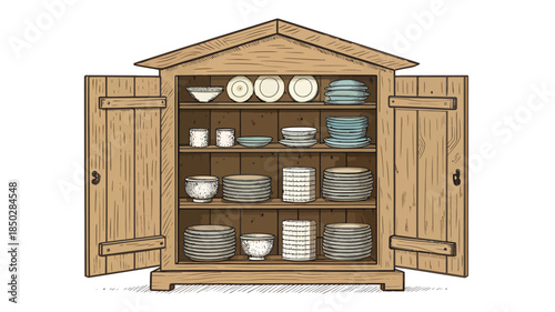 Rustic wooden cabinet filled with plates and bowls