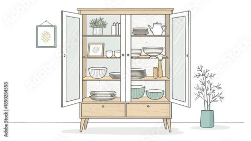 Cozy kitchen cabinet with dishes and home decor