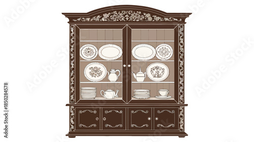 Elegant antique china cabinet with fine dinnerware