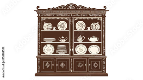 Elegant antique wooden china cabinet with ornate dishes