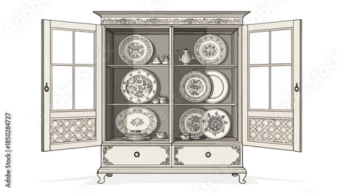 Elegant antique cabinet with open doors showcasing fine china plates