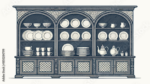 Elegant antique china cabinet with fine dining plates and tea set