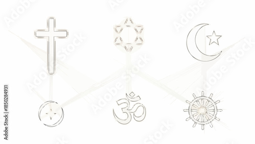 Religious symbols interconnected, representing global faiths and spiritual unity