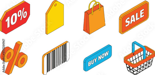 Isometric shopping icons: sale, discount, basket, tags, barcode, percent symbols