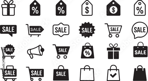 Isometric shopping icons: sale, discount, basket, tags, barcode, percent symbols