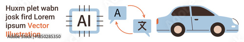 Language translation, AI advancements, autonomous vehicles, machine learning applications, digital communication, transportation innovation. AI processor, speech bubbles car visuals. Language