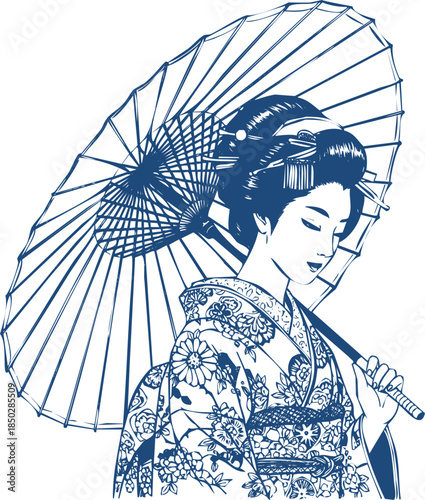 Japanese Geisha Woman in Kimono Holding an Umbrella Illustration female traditional