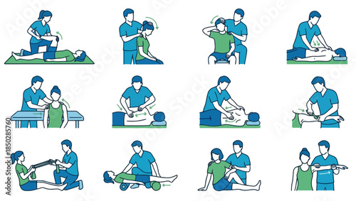 Physical Therapy and Chiropractic Technique Illustrations, physical therapy illustrations, chiropractic techniques, wellness therapy art, rehabilitation exercises, patient stretching illustrations, 