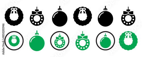 Glowing green Christmas ornaments on black background