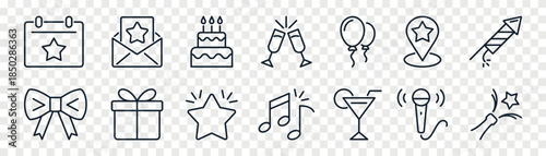 Party, celebration and event planning outline icons set