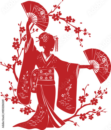 Red Silhouette of a Japanese Geisha Dancing with Fans and Cherry Blossoms vector illustration